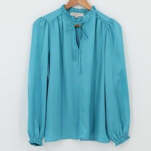 LOFT Ruffle Neck Tie Front Blouse Top Womens Size S Blue Teal Ruffle Renaissance